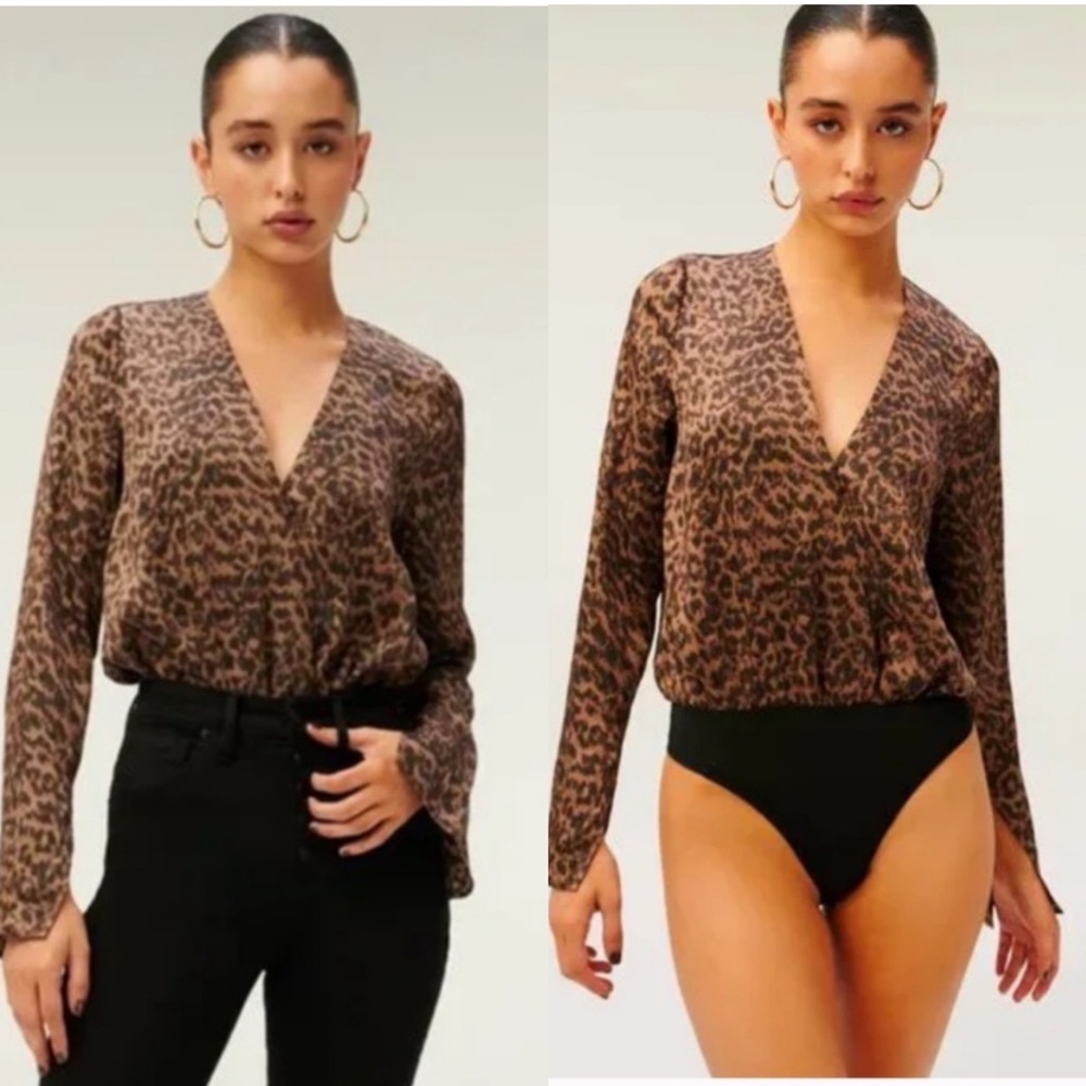 Good American Women SZ 1 Small Satin Wrap Bodysuit Sepia Leopard Long Sleeve NEW